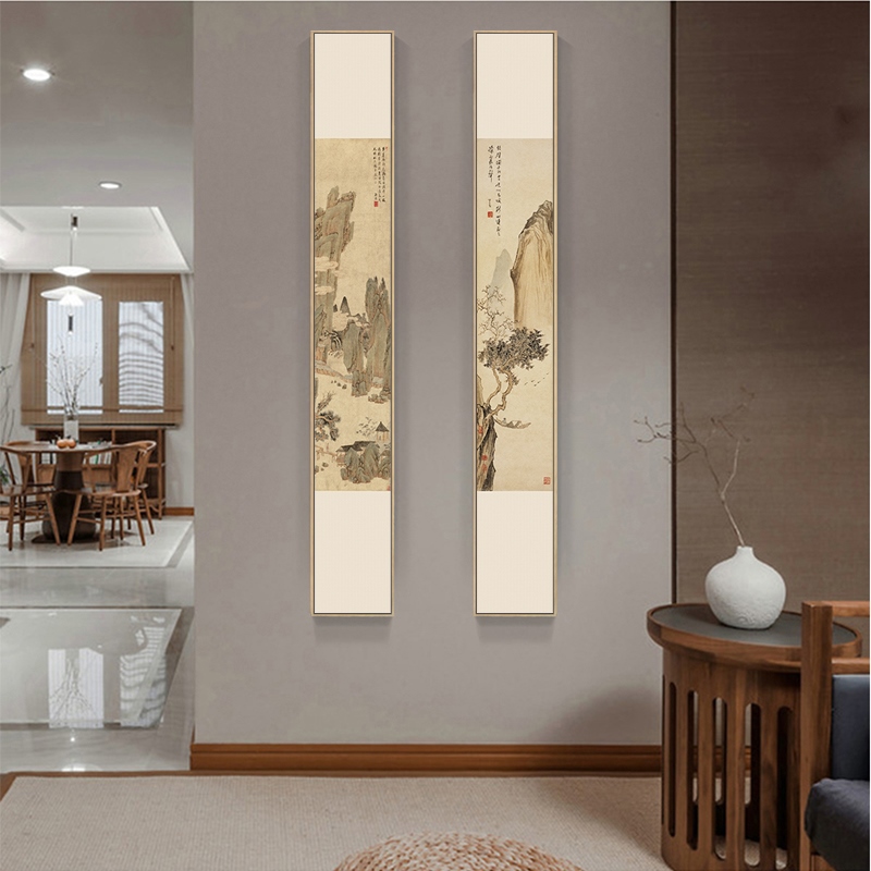 新中式装饰画过道楼梯走廊挂画茶室背景墙壁画竖幅细长条玄关网红图片