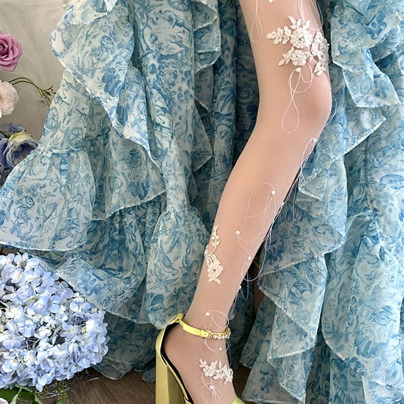 cnorahk小众流苏立体甜美蕾丝珍珠手工袜连体袜白色新娘缠线丝袜