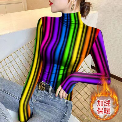 半高领条纹德绒打底衫女秋冬季新款修身内搭保暖加绒加厚长袖上衣