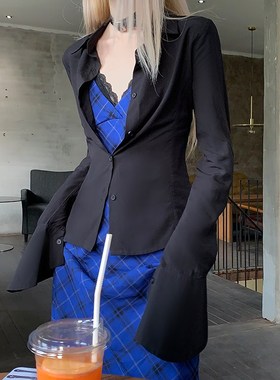 Common in 0120 巨显腰身!黑色喇叭袖衬衫防晒绑带开衫外套女