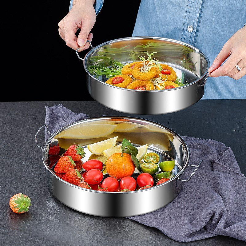 不锈钢蒸糕盘直身凉皮锣锣平底双耳圆形加深大圆盘蒸饭盘年糕盘子