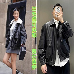 可拆卸羊毛领薄棉皮衣中性复古大廓形宽松港风男女通穿皮夹克