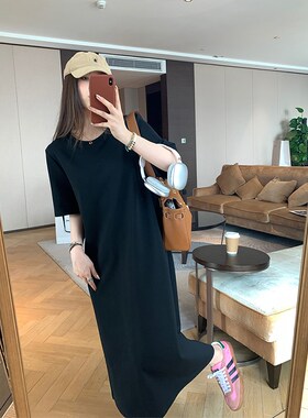 NAZ那子大码2024夏季新款复古黑色宽松短袖胖mm直筒气质T恤连衣裙