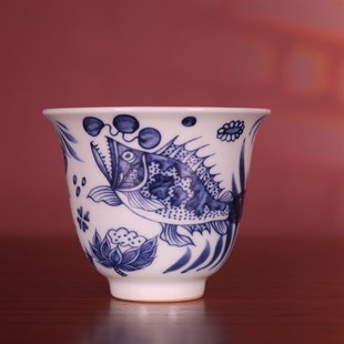 复古元青花鱼藻纹茶杯主人杯景德镇古玩古董陶瓷器仿古手工品茗具