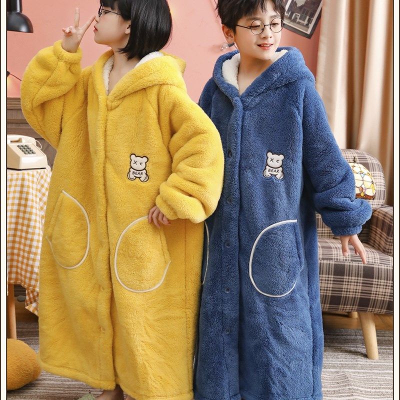 秋冬季复合双层加绒儿童加厚珊瑚绒小中大男女童加长亲子睡袍睡衣