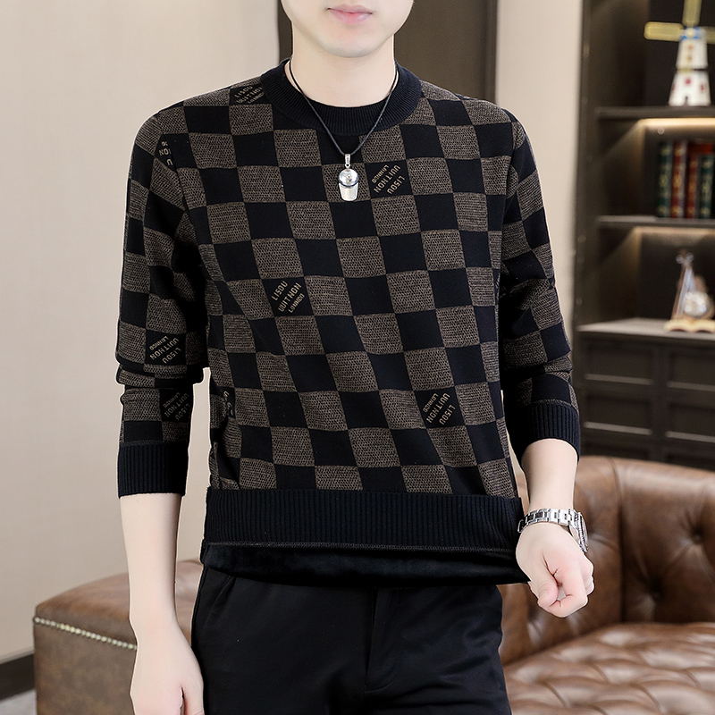 加绒加厚男士圆领厚棉T2023秋冬季休闲格子长袖T恤保暖打底衫上衣