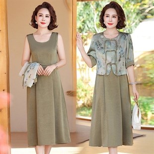 妈妈夏装中国风连衣裙套装中年女短袖外套洋气新中式两件套裙子