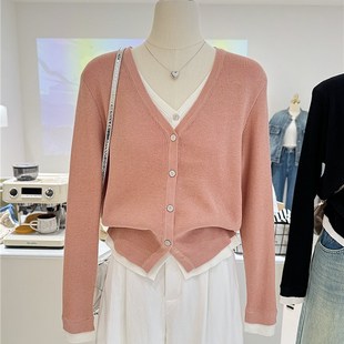 时尚简约春秋V领小众法式拼接假两件上衣洋气系扣针织开衫女外套