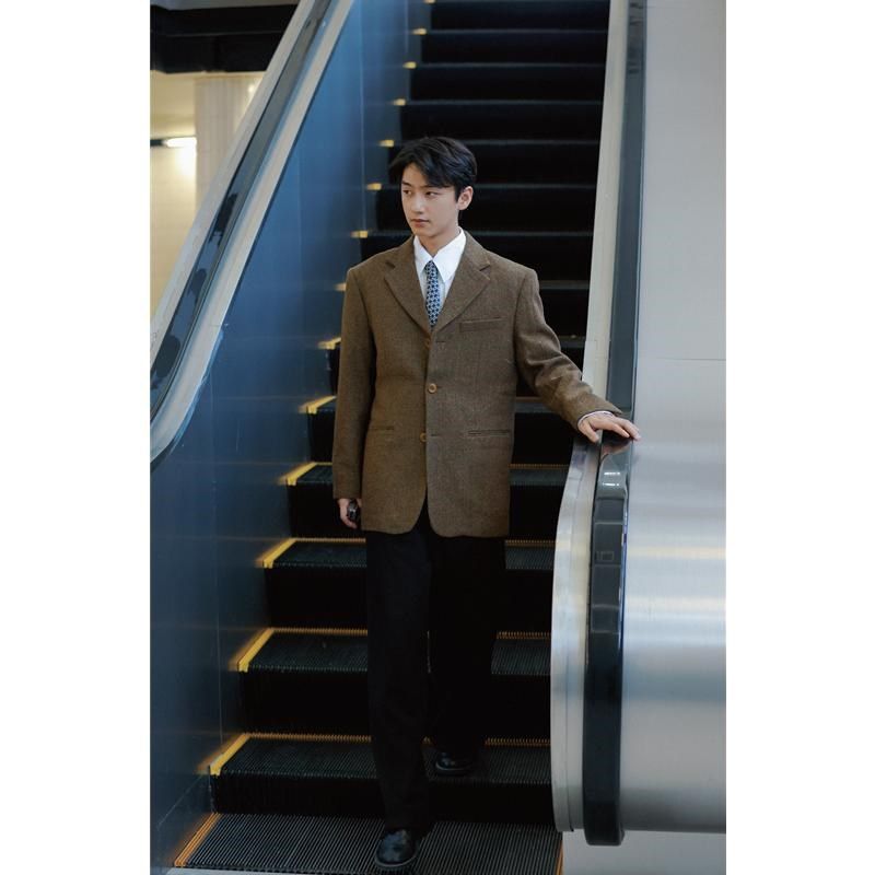 何记港风/含80%羊毛人字纹毛呢西装外套 复古港风宽松秋冬款西服
