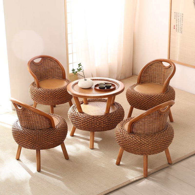 阳台喝茶桌椅组合简约实木小圆桌榻榻米茶几藤编靠背椅新中式天然