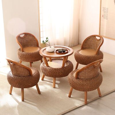 阳台喝茶桌椅组合简约实木小圆桌榻榻米茶几藤编靠背椅新中式天然