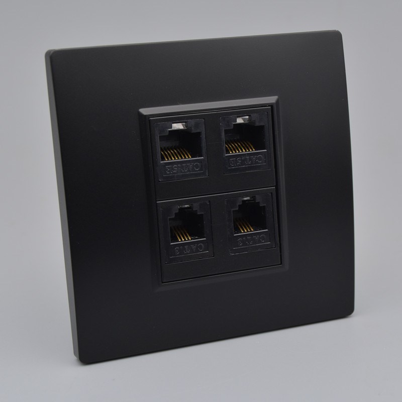 黑色4口免打网线电话线插座面板86型4位墙壁双网络电脑双电话模块
