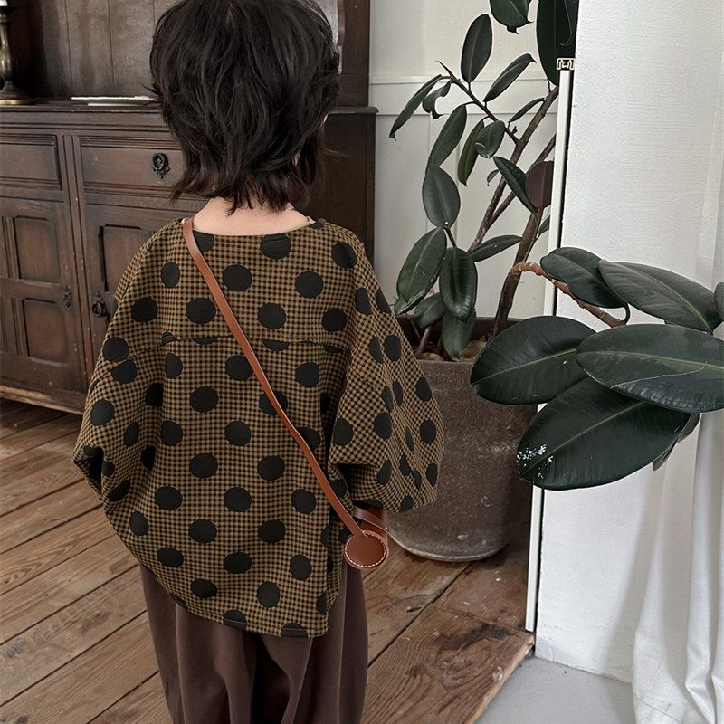 暮晨家新款秋装2024男童圆领波点长袖衬衫中小童森系洋气外套夹克