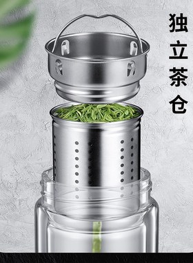 英国Bergans玻璃杯高档男士双层水杯车载一键开盖茶水分离泡茶杯