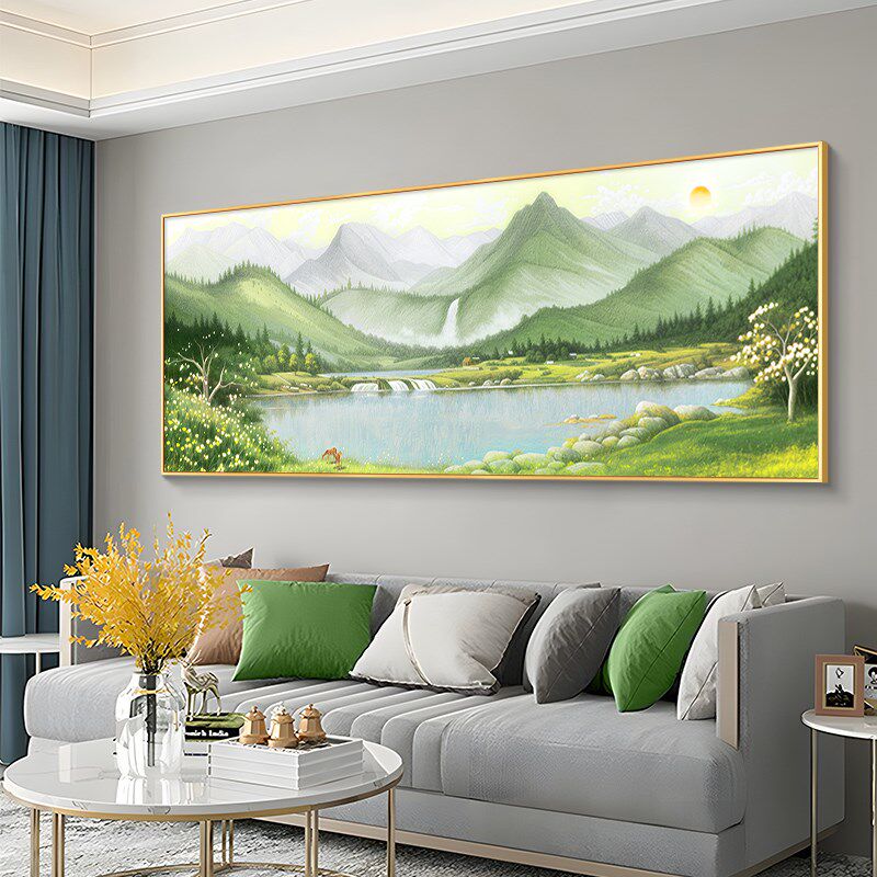 聚宝盆客厅装饰画纯手绘油画沙发背景墙聚财挂画西墙山水风景壁画