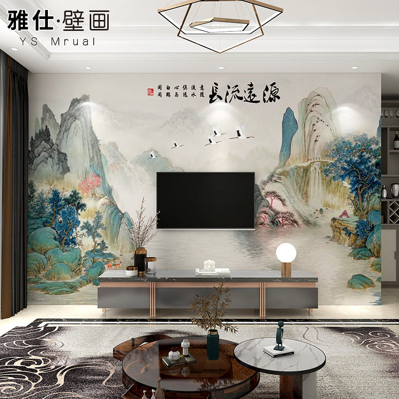 新宁静致远电视背景墙布客厅水墨山水画墙纸立体沙发壁画