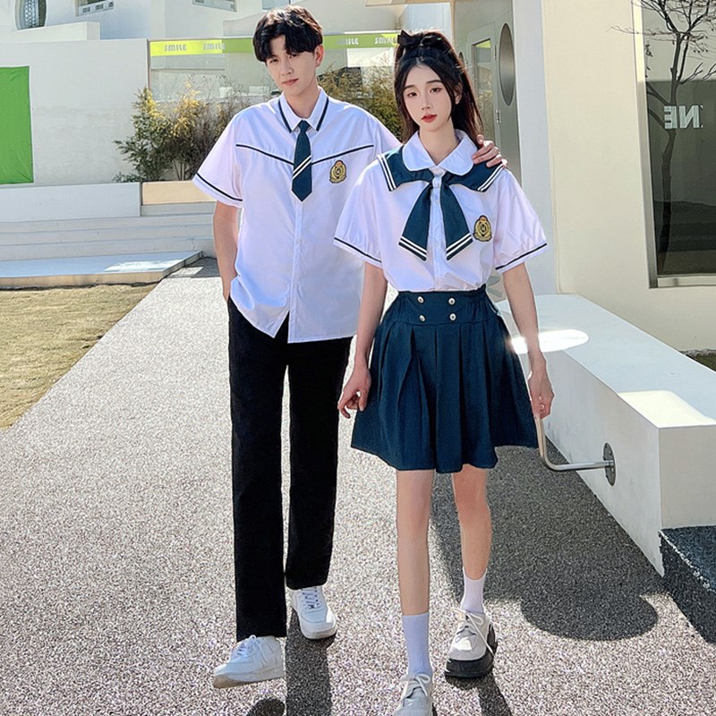 初中高中学生班服衬衫套装毕业照拍照情侣装夏装短袖衬衣裙子校服