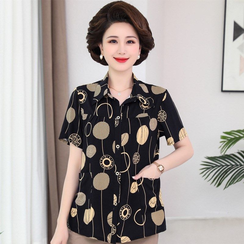 中老年人女装奶奶夏装短袖衬衫老人衬衣妈妈装纯棉绸宽松t恤上衣