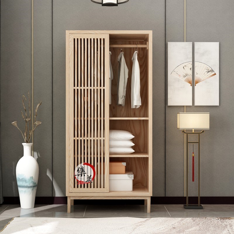 新中式实木衣柜家用卧室两门民宿定制推拉门简约移滑门白蜡木储物