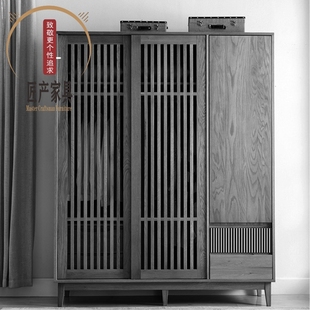 全实木大衣柜白橡木镂空推拉门北欧原木大衣橱卧室收纳家具顶柜