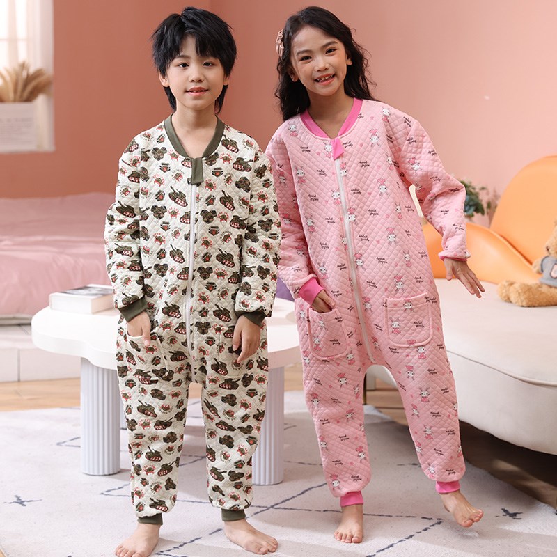 儿童连体睡衣秋冬纯棉双层厚款男孩大童女宝宝防踢防着凉睡袋冬季