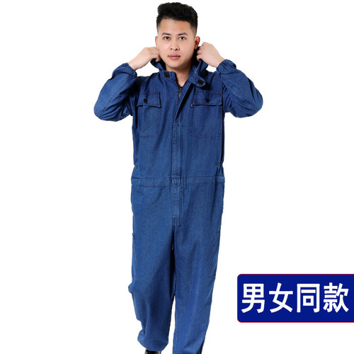 夏季薄款牛仔连体衣工作服套装男纯棉耐磨工装汽修喷漆防尘劳保服