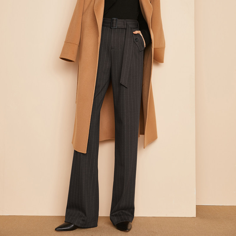 显瘦条纹毛料阔腿裤女垂感秋冬高腰长裤子羊毛呢加厚西装裤直筒裤
