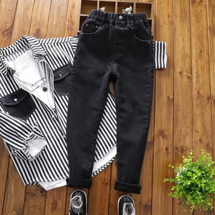 男童黑色瘦版牛仔裤 中大童秋款皮筋腰带长裤 儿童修身牛仔小脚裤