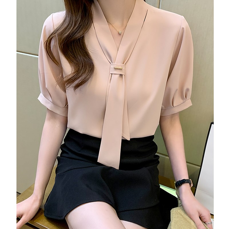 2024年新款短袖上衣夏季雪纺衬衫女气质职业白领OL工作服衬衣