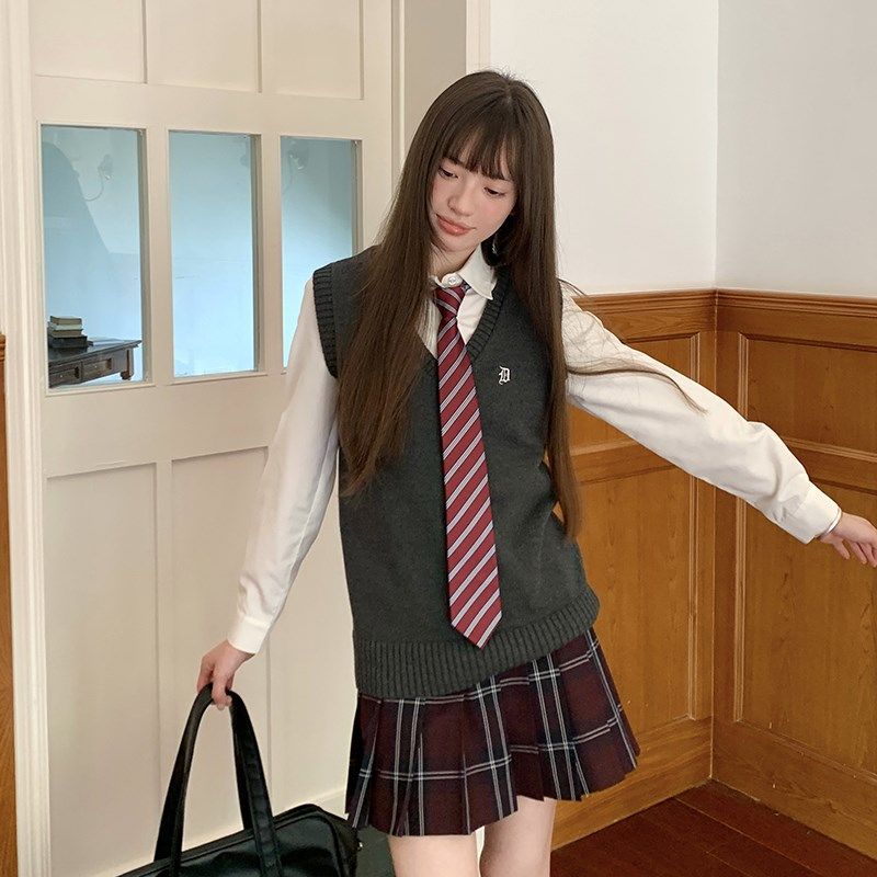 东京岁时记jk毛衣马甲秋季学院风制服叠穿针织背心女上衣格裙套装