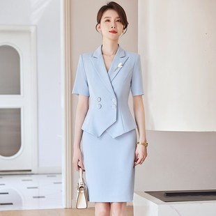 ME夏季 西装 职业套装 蓝色短袖 女气质女神范套裙工作服 裙2025新款