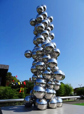 镜面圆球雕塑定做不锈钢抽象发光艺术品摆件城市步行街广场景观