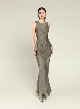 MIA HAN春季新品女修身显瘦复古脏染真丝长款鱼尾裙半身裙