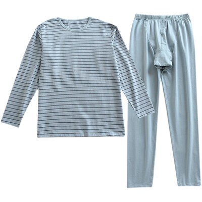 精梳纯棉男士睡衣春秋款长袖简约条纹家居服套装宽松套头大码