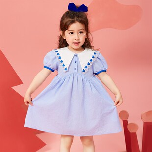 ASKjunior娃娃领女童连衣裙2024夏装儿童裙子清新短袖格子公主裙