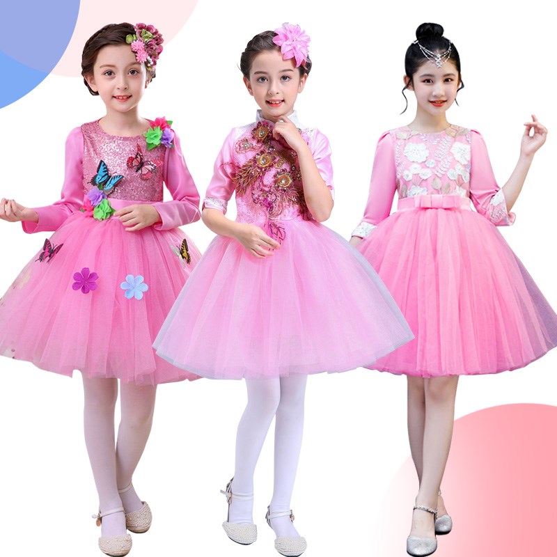 六一儿童演出服中小学生朗诵比赛男女童秋冬粉色长袖礼服舞蹈表演