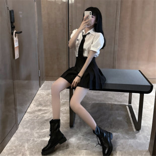 jk制服夏季套装学院风职业短袖白衬衫百褶短裙子黑酷衬衣霸气工装
