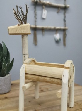 木工DIY材料包实木质小鹿花盆创意幼儿园亲子手工制作材料套餐