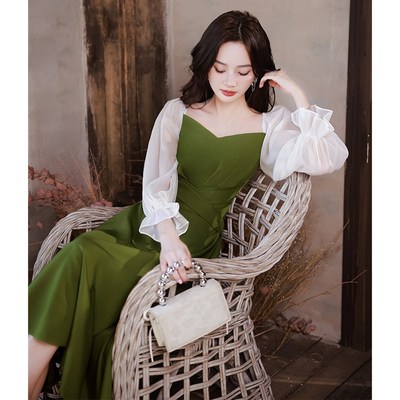 晚礼服女宴会气质轻奢小众高端法式高级感长袖小个子平时可穿绿色