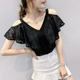 2020夏装 潮 荷叶边露肩上衣洋气小衫 新款 性感蕾丝拼接V领T恤女短袖