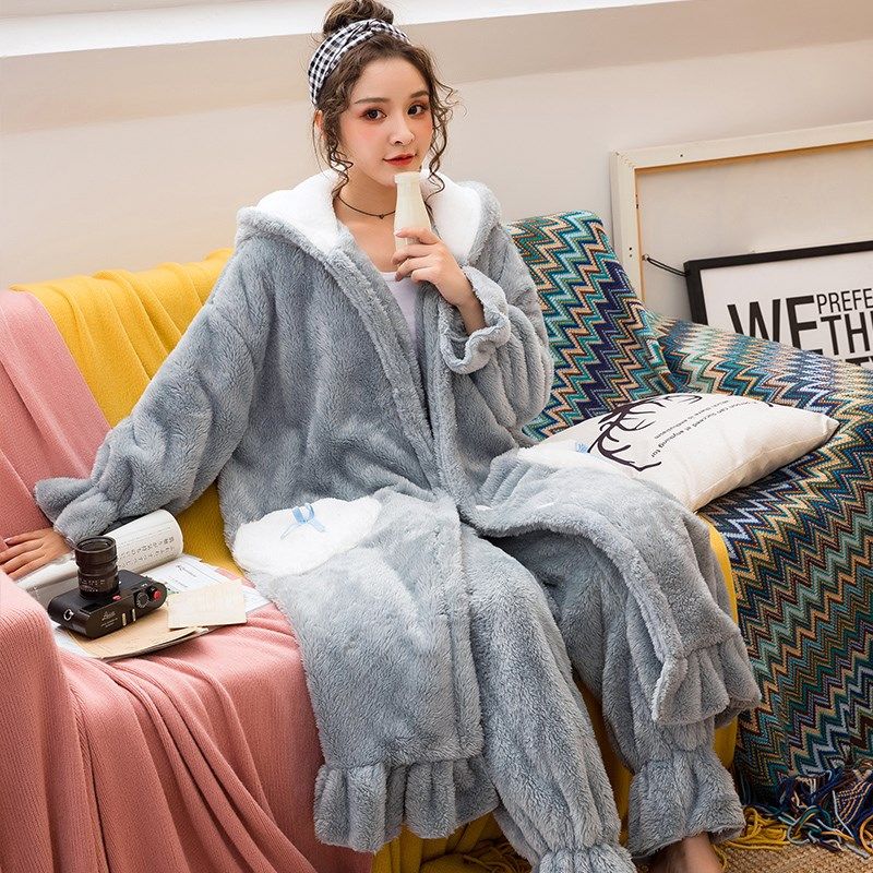 睡袍女秋冬长款珊瑚绒可爱女加厚加绒外穿法兰绒冬季新款睡衣女冬