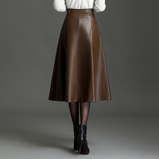 棕色皮长裙2022新款 百褶裙大摆a字裙 显瘦高腰皮裙半身裙女中长款