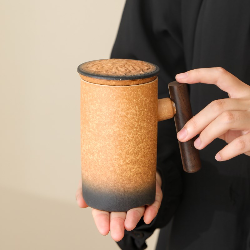 粗陶青岩马克杯陶瓷茶水杯个人专用茶水分离带盖泡茶杯茶杯主人杯