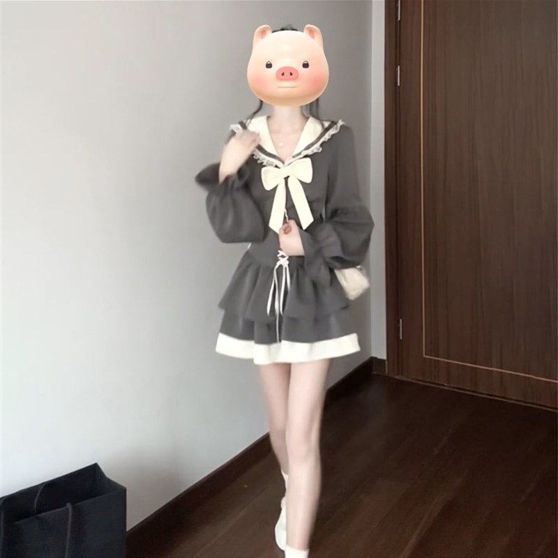 早春学院风穿搭一整套海军领蝴蝶结上衣搭配绑带拼接高腰半身短裙