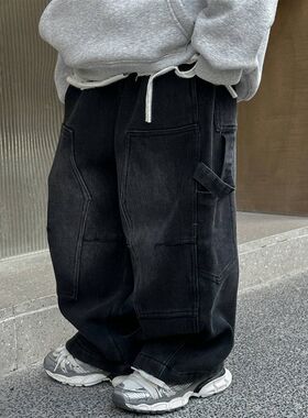 小杰家冬款新款儿童加绒工装牛仔裤复古宽松直筒一体绒男童长裤