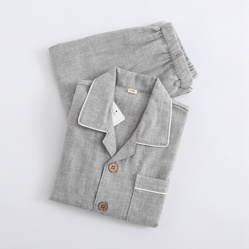 春秋男薄开衫秋男孩纯棉纱布长袖家居服套装大童睡衣男童12-15岁