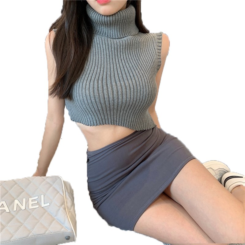 高领无袖内搭背心针织T恤女秋季2023年新款高腰短款露脐短袖上衣