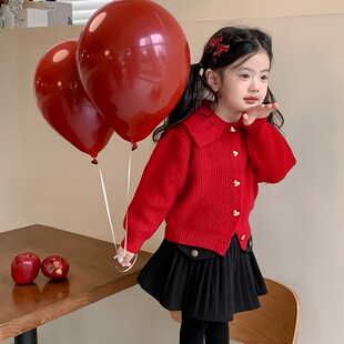 女童秋冬套装2025新款儿童红色毛衣新年衣服洋气宝宝百褶裙两件套
