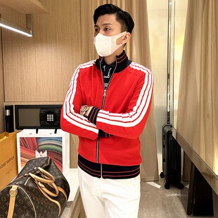 春季英式洋气红色衣服开衫毛衣男休闲撞色条纹半高拉链针织外套男