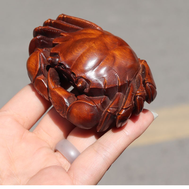 方言黄杨木雕螃蟹八方来财手把件把玩文玩工艺品茶宠摆件O2